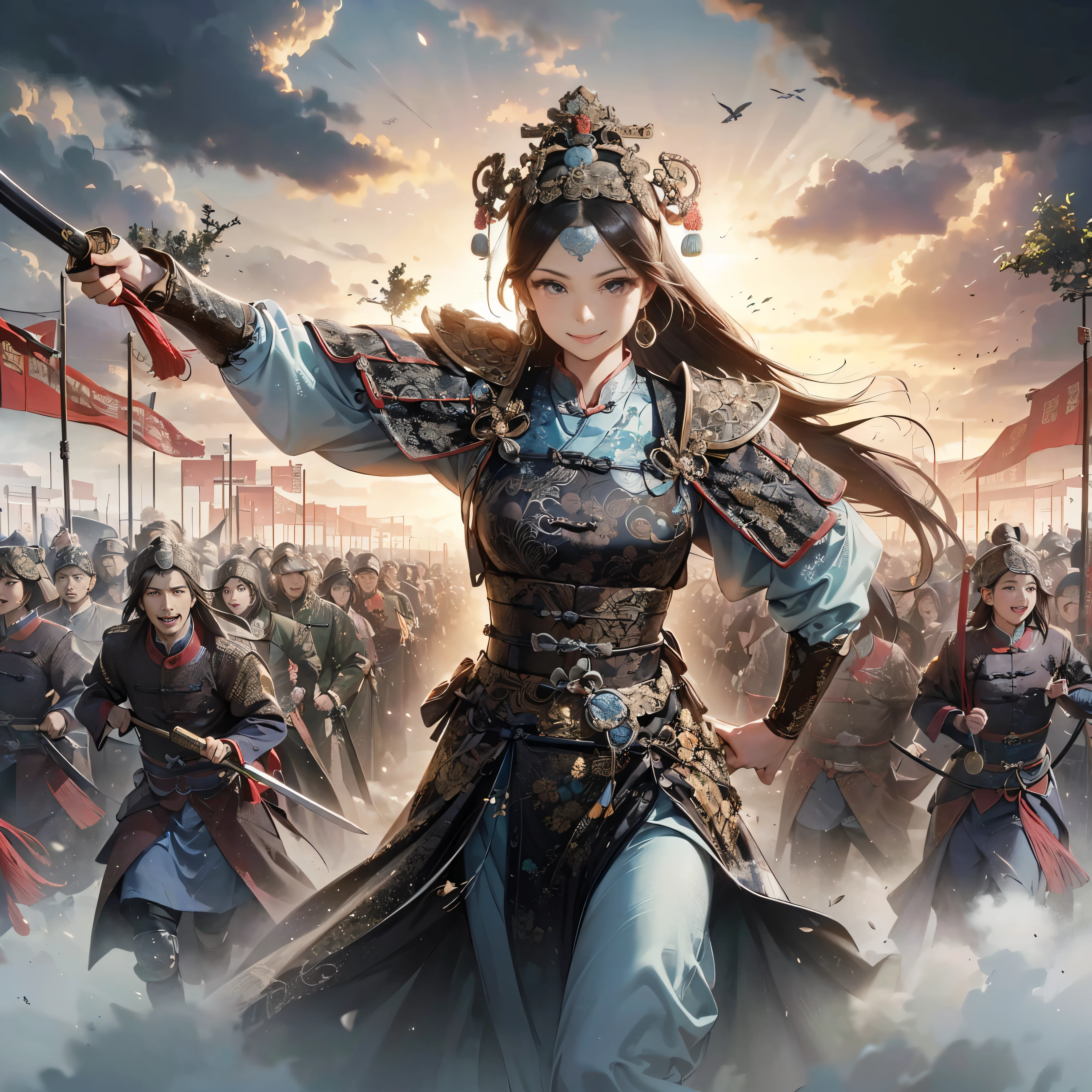 (masutepiece:1.2), (Best Quality:1.2), (high resolution:1.2), (beautiful face and eye:1.2), (sharpest focus:1.2), (Ultra-realistic Photo:1.2), (Ultra-precise Photo:1.2), (Depth of field:1.2), (perfect anatomy:1.2), (nice hands:1.2), 
(perfect hands:1.2), (Chinese Song dynasty middle-aged female military chief:1.0), (female military commander leading daughter  army with Chinese sword raised wide:1.0), (Fearless smile:1.5), (winning smile:1.5), 
(daughter  army approaching with a cloud of dust:1.0), (beautiful and magnificent natural land of Song dynasty China:1.5), (incoming clouds rising in the clear blue sky:1.0), (tremendous superlative perspective:1.0), 