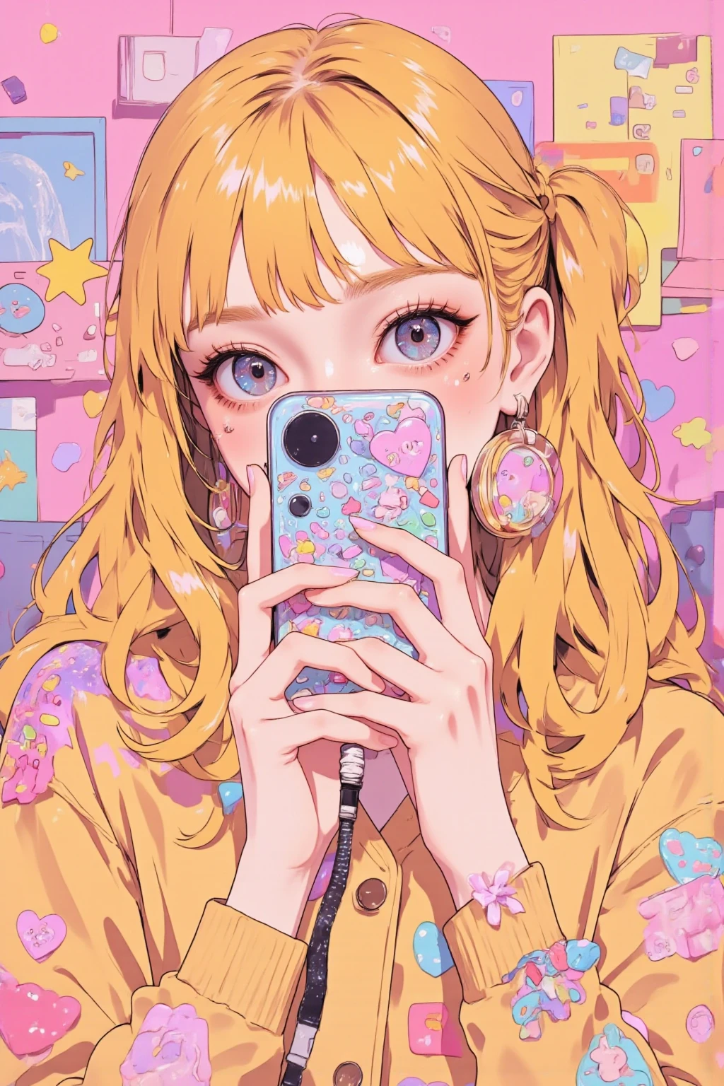  Anime Girl Hiding Her Mouth with a Decorated Cell Phone, Decora style illustration ,  soft anime illustration ,  Cell Phone-Themed Girl ,  Anime Girl Holding a Cell Phone ,Cute aesthetics, pastel goth aesthetics ,  anime atmosphere , Anime aesthetics, Lisa Frank & Murase Sho , 9 0 s Anime aesthetics, Holo Sticker, The aesthetics of orange, 90s anime style 