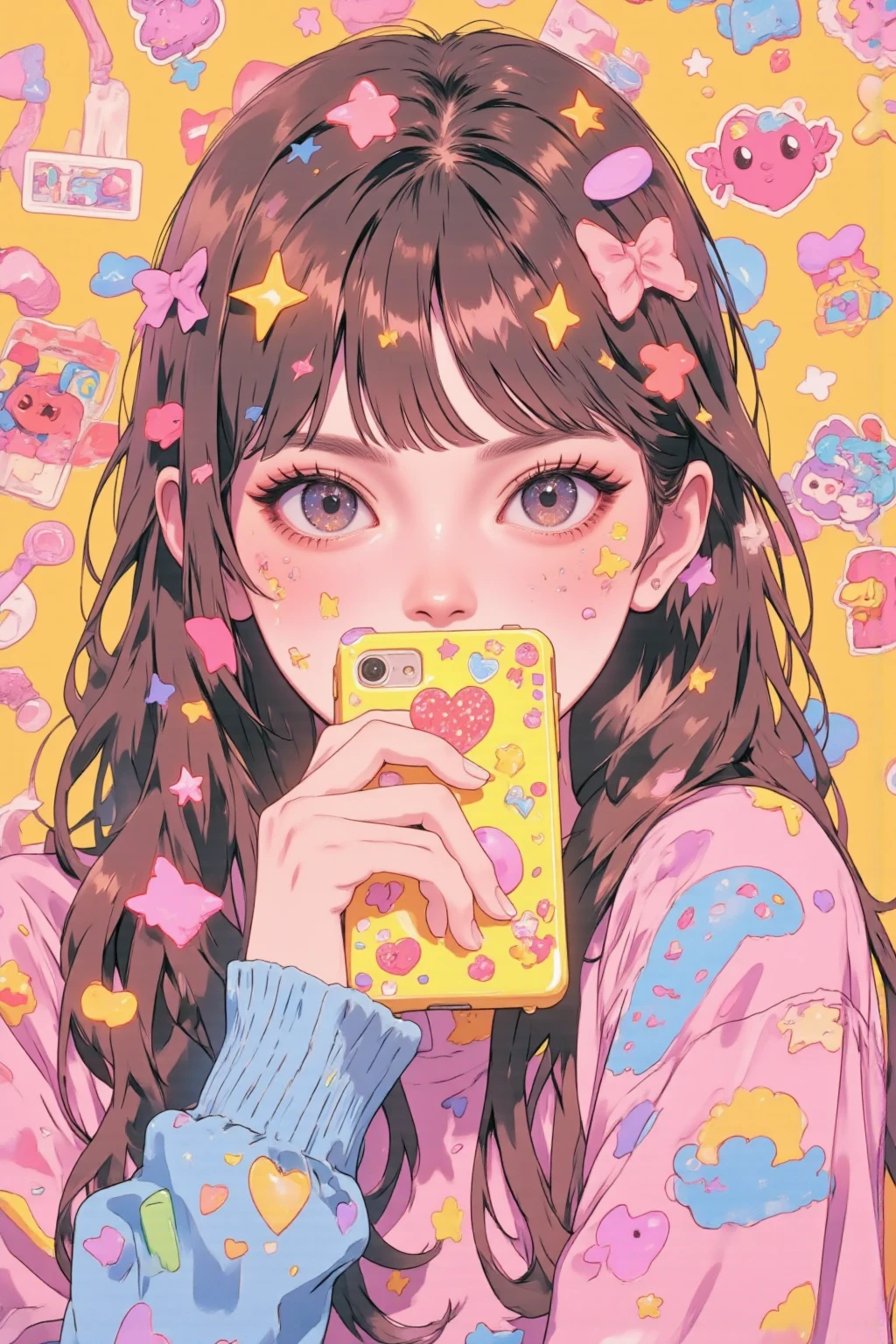  Anime Girl Hiding Her Mouth with a Decorated Cell Phone, Decora style illustration ,  soft anime illustration ,  Cell Phone-Themed Girl ,  Anime Girl Holding a Cell Phone ,Cute aesthetics, pastel goth aesthetics ,  anime atmosphere , Anime aesthetics, Lisa Frank & Murase Sho , 9 0 s Anime aesthetics, Holo Sticker, The aesthetics of orange, 90s anime style 