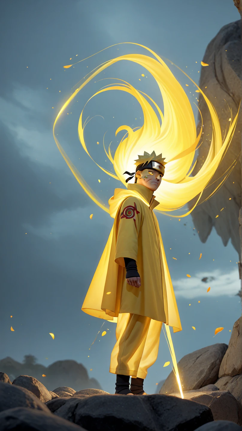 Naruto uzumaki, 1boy, glowing yellow short hair, glowing yellow eyes, yellow forehead protector, bold facial mark, glowing cloak, glowing pant, rocks, sky, wind, yellow aura