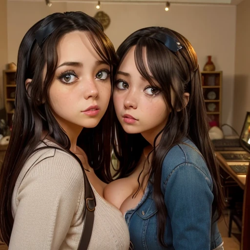 ((Emma Watson)) and ((Sarah Hyland)) (naked on their knees) in a dimly-lit livingroom, pov shot, (((looking up at camera))), (overhead perspective), face blushing, ((choker)), submissive pose, ((worried)), (surprised)
