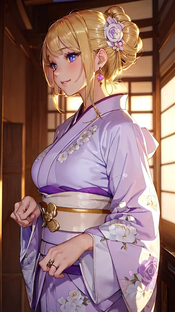 A masterpiece, ultra high definition, ultra HD quality, the most beautiful woman in history, anime, slender body, (large breasts), tall height, small face, well-balanced proportions, (shiny hair, light blonde hair:1.2), (((Updo hair:1.3))), (long bangs), (has beautiful shining eyes), (clear Blue eyes), (((shining highlights:1.3))), long eyelashes, pink lips, beautifully precise and delicate hand and finger creation, divine smile, (((Japanese kimono / pale purple colored furisode))), (((gorgeous floral kimono))), (white rose accessory:1.2), ((Hairpin)), (small earrings, ring), upper body, beautiful standing posture like a fashion model, Japanese shrine, torii gate
