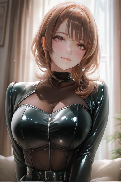 A very beautiful 40-year-old mother who looks young with big breasts and long brown hair who is burn-out in a full leather outfit