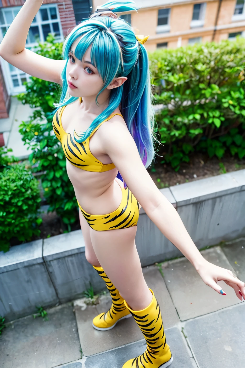 ( top quality, Masterpiece:1.2), ( realistic, photo- realistic:1.4), RAW photos , high definition, intricate details, very detailed, cinematic lighting, Alone, from the side 1 girl , woman, ( Dancing in the air:1.8), uruseiyatsuraRam, Ram, ( long hair, Blue Hair, aqua hair, bangs:1.2), ( blue eyes), eyeshadow, pointed ears, oni horns, ( small breasts:1.2),
Cleveland , swimsuit, tube top bikini, (Tiger pattern, yellow bikini, Yellow Boots, Long Boots :1.3), ( beautiful eyes in every detail , very detailed face), (perfect hand, perfect anatomy),,, Photo Background, Outdoors, Daytime, sunny, (Residential area seen from above:1.4),