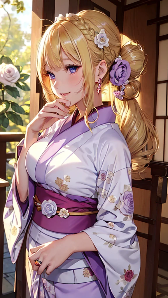 A masterpiece, ultra high definition, ultra HD quality, the most beautiful woman in history, anime, slender body, (large breasts), tall height, small face, well-balanced proportions, (shiny hair, light blonde hair:1.2), (((Updo hair:1.3))), (long bangs), (has beautiful shining eyes), (clear Blue eyes), (((shining highlights:1.3))), long eyelashes, pink lips, beautifully precise and delicate hand and finger creation, divine smile, (((Japanese kimono / pale purple colored furisode))), (((gorgeous floral kimono))), (white rose accessory:1.2), ((Hairpin)), (small earrings, ring), upper body, beautiful standing posture like a fashion model, Japanese shrine, torii gate
