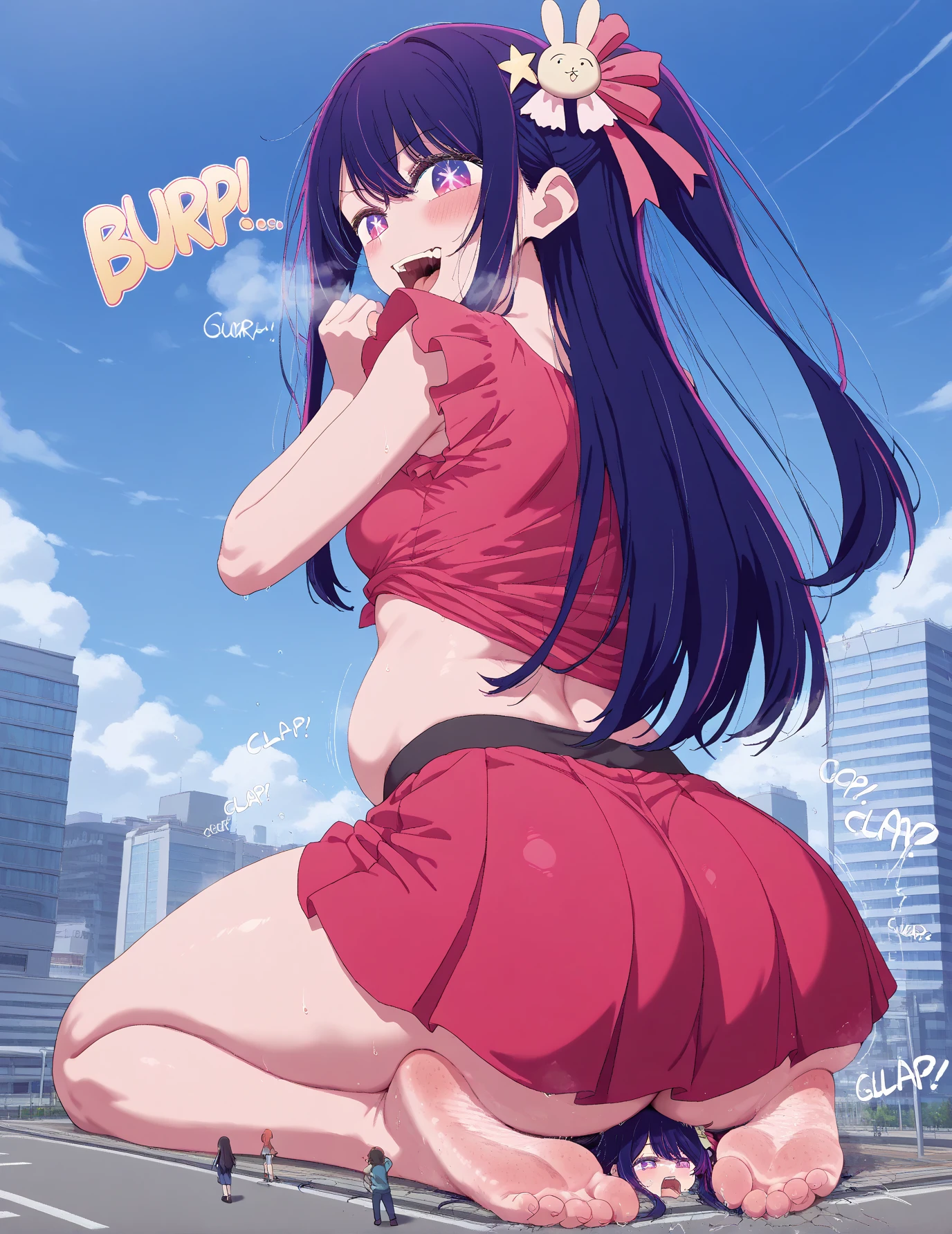 ai hoshino, long hair, bangs, (purple eyes:1.1), purple hair, (symbol-shaped pupils:1.5), nsfw, large breasts,　nipple, naked, nude, sea, Highway, flooded, running, Building FIRE, Heavy snowfall, Peeing, lactation, projectile lactation