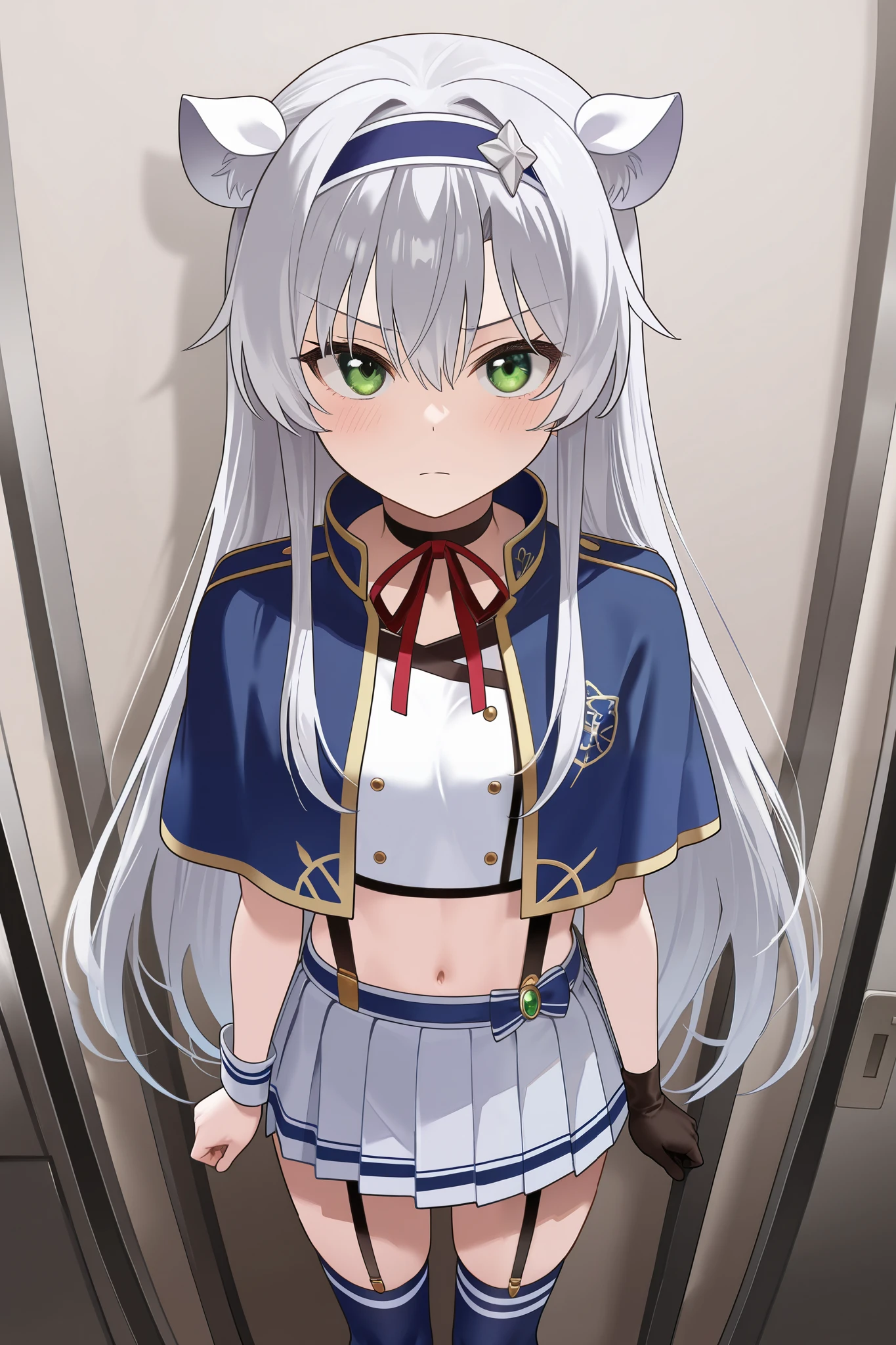 NSFW,masterpiece, top quality, high definition, very detailed,Sistine＝Fiebel 、 Roku Denashi Magi Instructor and Akashic Records、 green eyes、 gray hair、stupid hair、 small breasts、 long hair、 Blue Hairband 、 fake animal ears ,Arzano uniform , crop top、 blue capelet、 blue knee socks 、 neck ribbon、 choker 、 garter strap、 wrist cuff on one side 、One glove、Uneven gloves 、Pleated skirt、Suspender skirt、abdomen,(Prostitute),Merchant