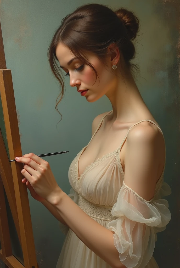 The easel, the paints, the artist, standing Full-length, Sexy cyborg woman drawing self-portrait in oil paints, french braid, blonde hair, (Best quality, 4K, 8k, A high resolution, masterpiece:1.2), absurdity, masterpiece, ultra detailed, Side view:1.2, (realistic, photorealistic, photorealistic:1.37), complex parts, HDR, (complex parts:1.12), (hyper detailed, hyper realistic, Soft lighting, spicy:1.2), beautiful figure, Magnificent Anatomy, (complex part, Hyper detailed:1.15), Smooth skin,