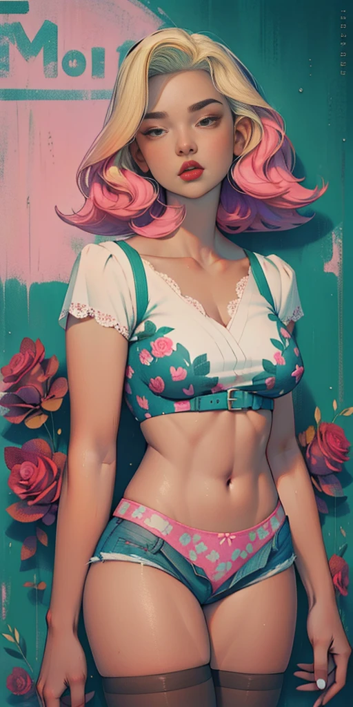 Background, In chic boho style, in a café, Ice cream print, multi-colored neon lights, neon garlands, rose hair, mixed-language_SMS, Japanese graffiti, (beautiful and clear background:1.2),, fantastic paintings ,graffit style, olhos altamente detalhados , Underwear, lace, latex, blonde girl, cannabis print, tattoo, Loving, Love, ultra detail hair, Masterpiece, Best Quality, high qulity, high resolucion, detail enhancement, ((most beautiful image in the world)), Masterpiece, Best Quality, high qulity, high resolucion, detail enhancement, ((most beautiful image ), Shiny pink degrade hair, ultra short fitted Stampa Flores, Rollers, tights in a mesh,ripped short shorts, art by stjepan sejic, art by j scott campbell, art by guillem march, art by citemer liu, 4k, high resolucion, comic book character, comic, high quality detailed, style of ::2.0 comix illustration style,tatoon style, high qulity, high resolucion, detail enhancement, 8K, HD, Best Quality, high qulity, high resolucion, detail enhancement, 8K, HDR, sharp-focus, Ultra Detailed, perfect lighting, Curvy Body, Lush breasts, Curvy hips