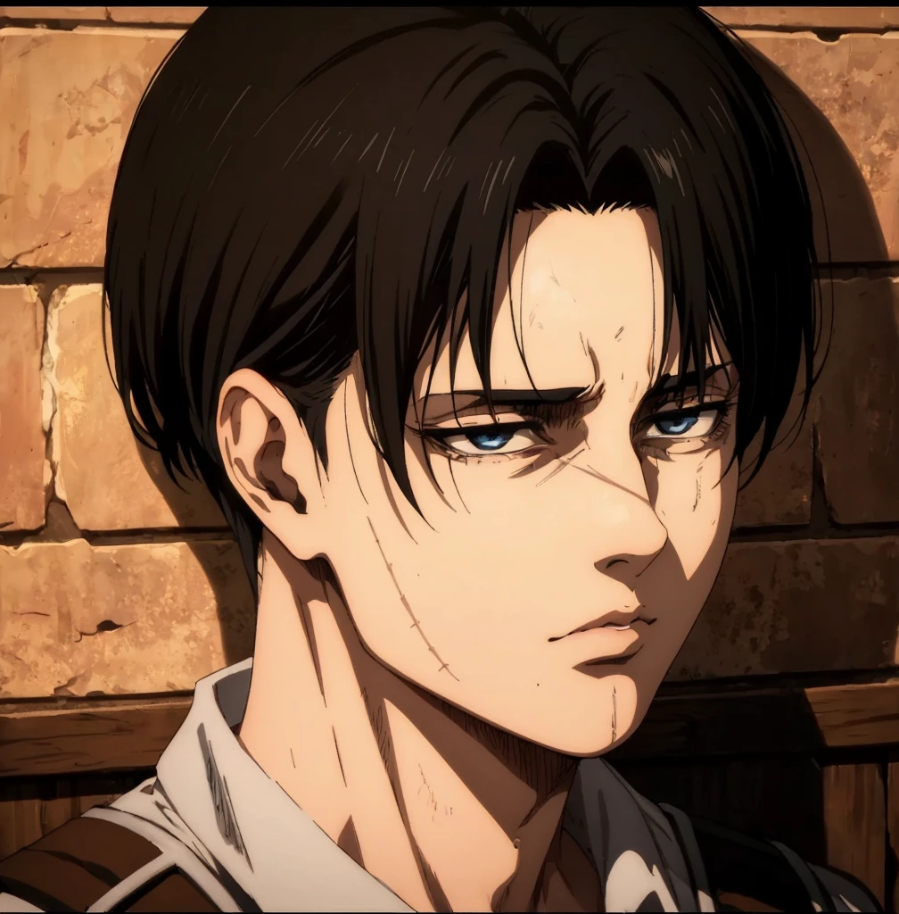 (best quality,4k,8k,highres,masterpiece:1.2),ultra-detailed,(realistic,photorealistic,photo-realistic:1.37), young male , mappa art style,  heart-shaped face,  dark blue eyes detailed, dark  hair with best hairstyle, he is slim, he looks handsome, sharp jawline, he is wearing grey suit, vibrant color,he looks like Levi Ackerman from Attack on Titan Season 4, portrayed in a solemn and intense demeanor. His appearance includes short black hair, tired gray eyes with visible dark circles.A thin scar runs along the bridge of his nose, subtle but noticeable, likely from an older injury.


Smaller abrasions and scratches are visible across his forehead and left cheek, indicating close combat or an explosion's aftermath.Regardant le spectateur, 