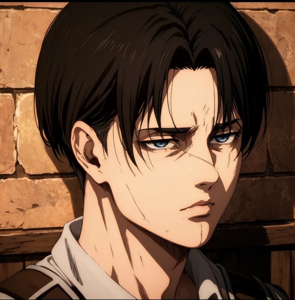 (best quality,4k,8k,highres,masterpiece:1.2),ultra-detailed,(realistic,photorealistic,photo-realistic:1.37), young male , mappa art style,  heart-shaped face,  dark blue eyes detailed, dark  hair with best hairstyle, he is slim, he looks handsome, sharp jawline, he is wearing grey suit, vibrant color,he looks like Levi Ackerman from Attack on Titan Season 4, portrayed in a solemn and intense demeanor. His appearance includes short black hair, tired gray eyes with visible dark circles.A thin scar runs along the bridge of his nose, subtle but noticeable, likely from an older injury.


Smaller abrasions and scratches are visible across his forehead and left cheek, indicating close combat or an explosion's aftermath.Regardant le spectateur, 