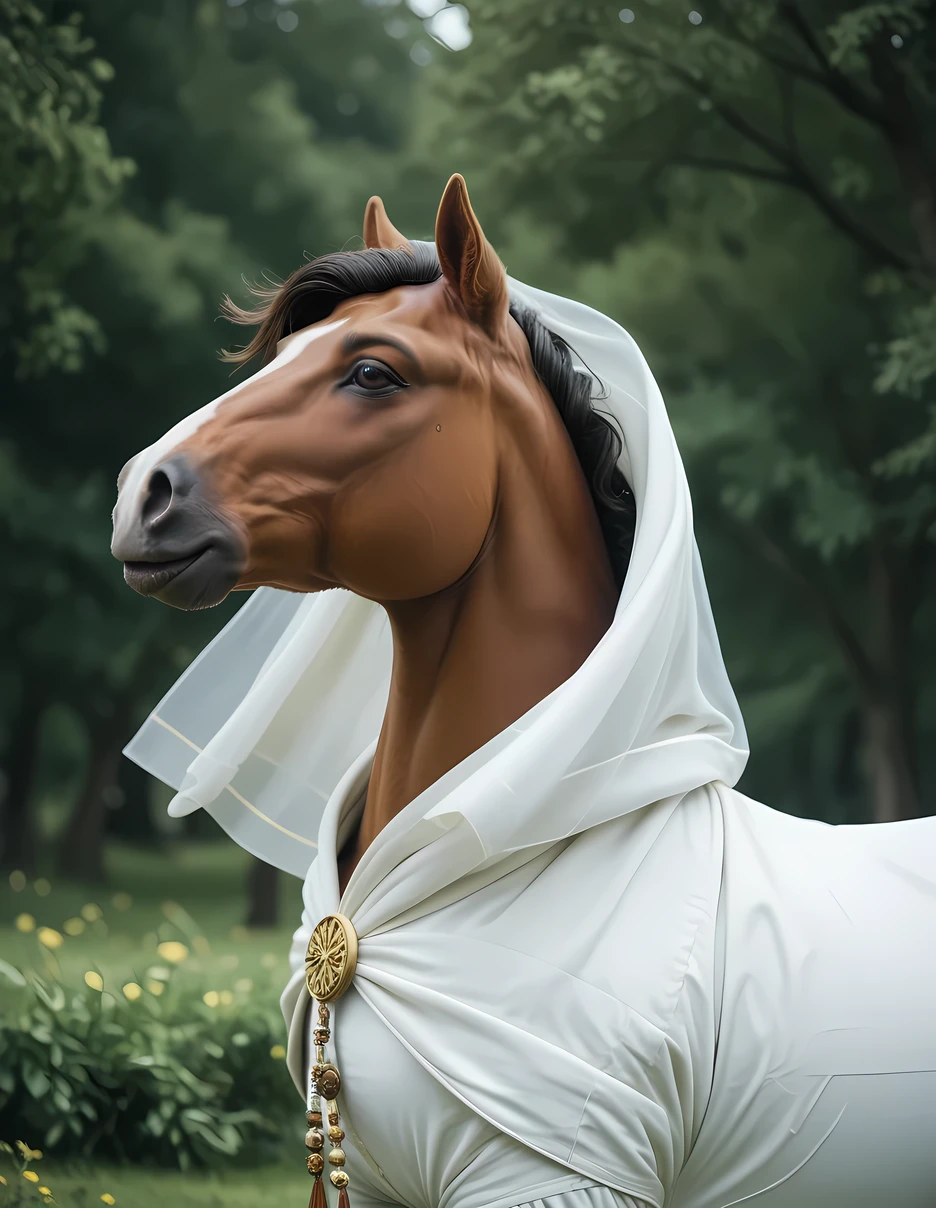 A serene and noble saint riding a majestic horse through a tranquil countryside. She is wearing a white priestess robe adorned with intricate gold embroidery, symbolizing her divine status. Her flaxen hair flows freely in the wind, as her hood is lowered, revealing her calm and wise expression. The soft light of the setting sun casts a warm glow over the scene, enhancing the ethereal atmosphere. The horse is strong and elegant, with a braided mane and a regal posture, complementing the saint's grace and dignity