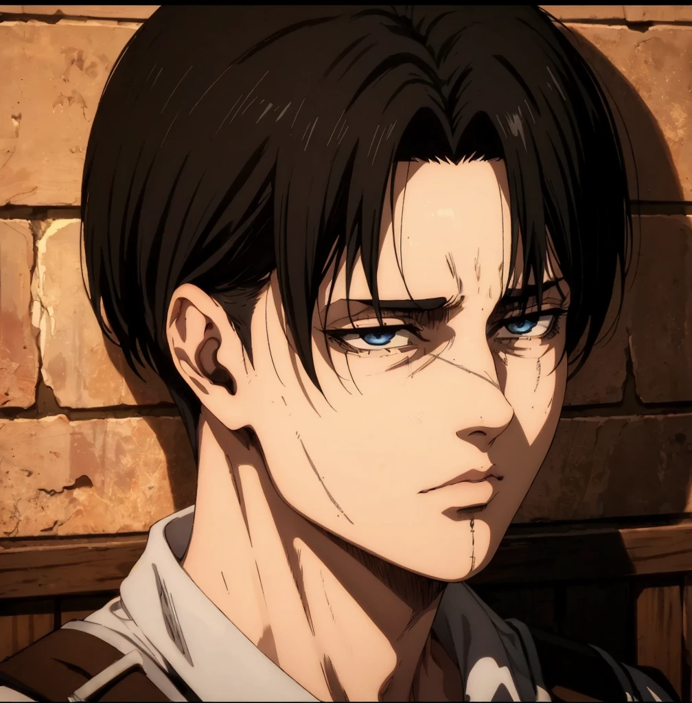 (best quality,4k,8k,highres,masterpiece:1.2),ultra-detailed,(realistic,photorealistic,photo-realistic:1.37), young male , mappa art style,  heart-shaped face,  dark blue eyes detailed, dark  hair with best hairstyle, he is slim, he looks handsome, sharp jawline, he is wearing grey suit, vibrant color,he looks like Levi Ackerman from Attack on Titan Season 4, portrayed in a solemn and intense demeanor. His appearance includes short black hair, tired gray eyes with visible dark circles.A thin scar runs along the bridge of his nose, subtle but noticeable, likely from an older injury.


Smaller abrasions and scratches are visible across his forehead and left cheek, indicating close combat or an explosion's aftermath.Regardant le spectateur, he's right eye is white 