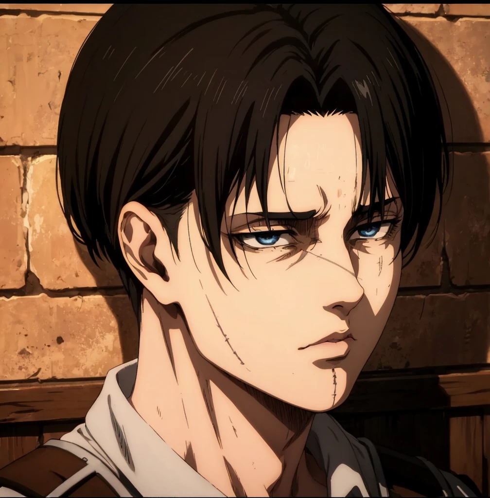 (best quality,4k,8k,highres,masterpiece:1.2),ultra-detailed,(realistic,photorealistic,photo-realistic:1.37), young male , mappa art style,  heart-shaped face,  dark blue eyes detailed, dark  hair with best hairstyle, he is slim, he looks handsome, sharp jawline, he is wearing grey suit, vibrant color,he looks like Levi Ackerman from Attack on Titan Season 4, portrayed in a solemn and intense demeanor. His appearance includes short black hair, tired gray eyes with visible dark circles.A thin scar runs along the bridge of his nose, subtle but noticeable, likely from an older injury.


Smaller abrasions and scratches are visible across his forehead and left cheek, indicating close combat or an explosion's aftermath.Regardant le spectateur, he's right eye is white 