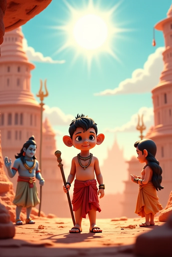 Rama, Lakshmana, and Hanuman standing together, their faces illuminated
In cinematic 3D cartoon style" by the fire of their burning resolve to rescue Sita."