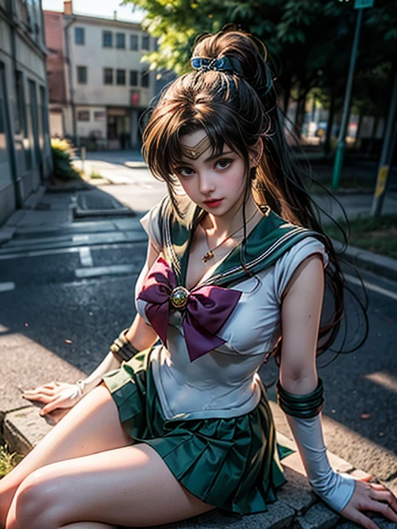 (masterpiece, highest quality:1.4), (Full Body:1.5), (Sitting:1.5), (Leg focus), ?????? pose, 1 Girl, alone, Jupiter, (Green Eyes), ponytail, (tiara:1.2), jewelry, (Sailor Warrior Uniforms:1.5), green sailor collar, choker, Elbow hand pockets, White gloves, Pink ribbon, brooch, white leotard, green skirt, Pleated skirt:1), Beautiful Face, Highly detailed face, Highly detailed eyes, Highly detailed skin, Skin pores, Scattered beneath the surface, Realistic pupils, Mid-chest, Sexy smile, Apply blush all over the face, Lip, Cherry blossom tree background, Scattered beneath the surface, Detailed Background, Depth of written boundary, Volumetric lighting, Sharp focus, Disorganized, Realistic proportions, Excellent ???????, (Realistic, hyperRealistic:1.4), 16K HDR,