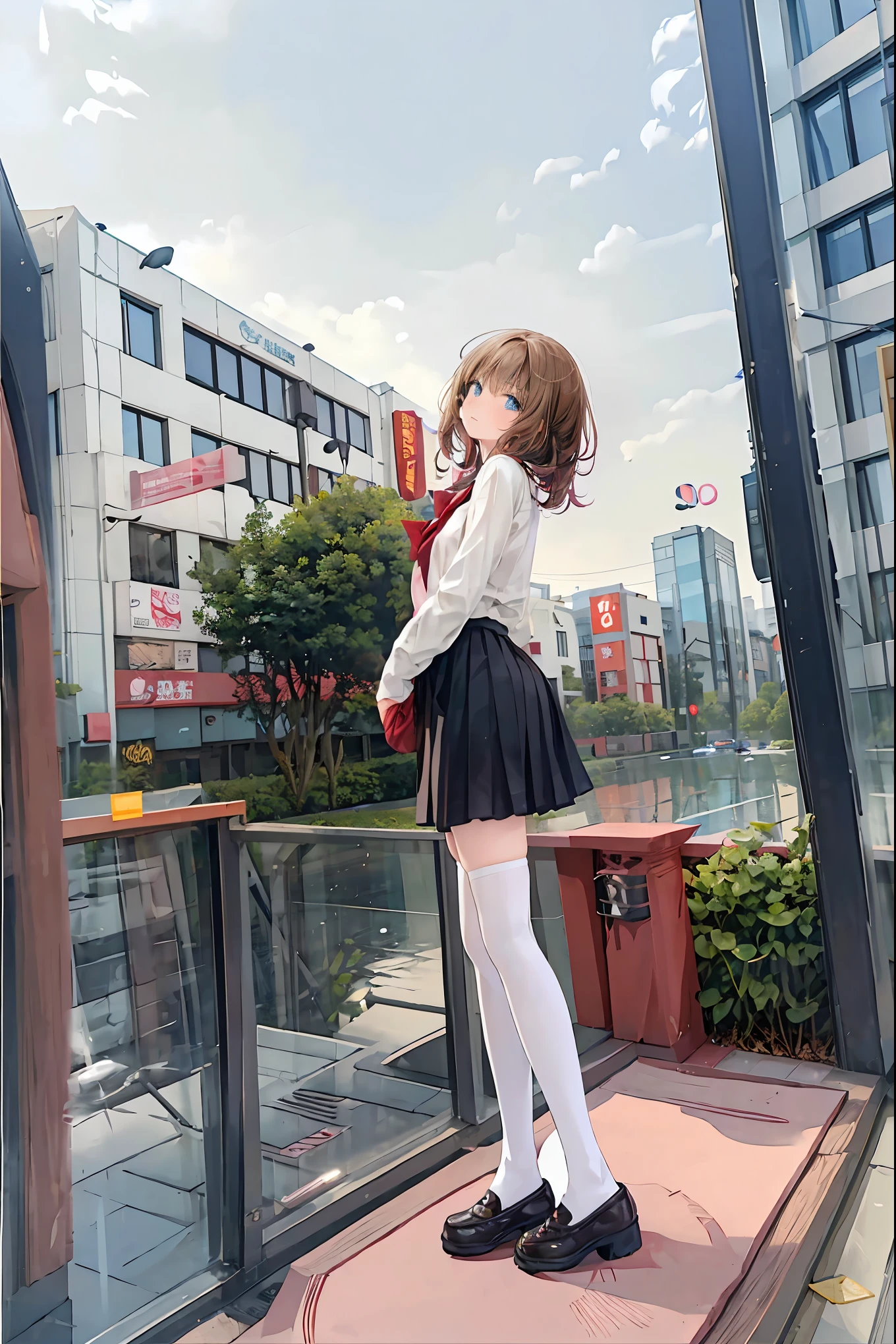 Winter clothes、Red coat、Bare legs、 ( top quality ,Masterpiece:1.3, Ultra-fine ),( very detailed, caustics ,8k),( realistic :1.4,RAW shooting),18 years old, Japanese , cute, カメラを見て笑faceで ,( face :1.2),( low angle:1.4), slender beauty , messy hair,Cityscape, brown hair, Shortcut , tousled hair , short braided hair,Neat, Slender and beautiful woman,Correct posture, small breasts, Beautiful Legs, Her enchanting gray-blue eyes shine like stars,Droopy eyes, bright color, beautiful eyes,繊細な笑face, Textured Skin, Boasting the highest quality , A Parody of a Gentle and Beautiful Woman , anime style 、
