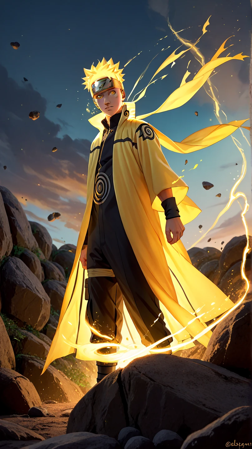 Naruto uzumaki, 1boy, glowing yellow short hair, glowing yellow eyes, yellow forehead protector, bold facial mark, glowing cloak, glowing pant, rocks, sky, wind, yellow dark aura xl