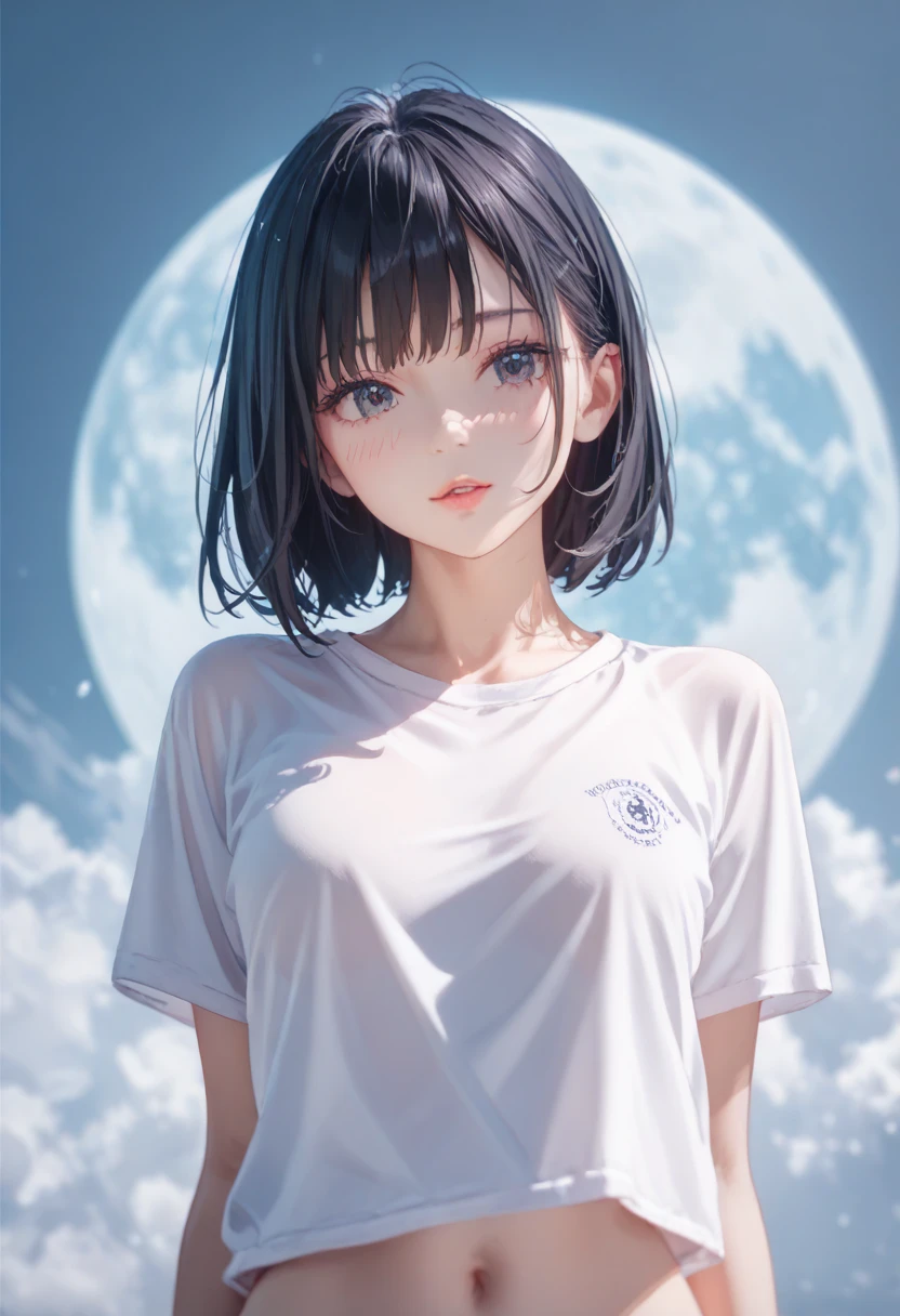 detailed eyes ,huge breasts , short hairstyle , portrait , white t-shirt , black background , black hair , smile , black eyes