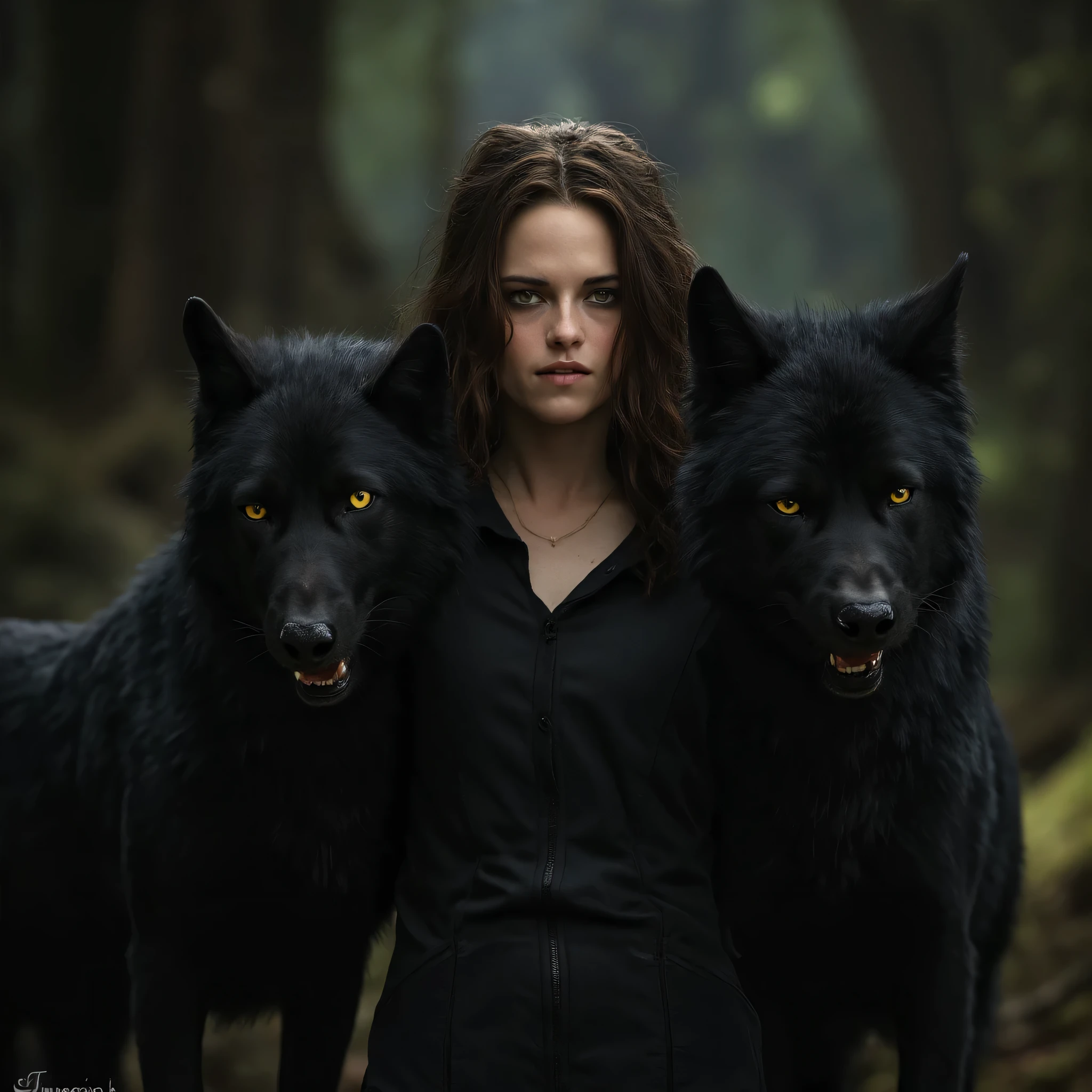 kristen_stewart twilight scene standing looking at the camera and a angry black wolf beside her
