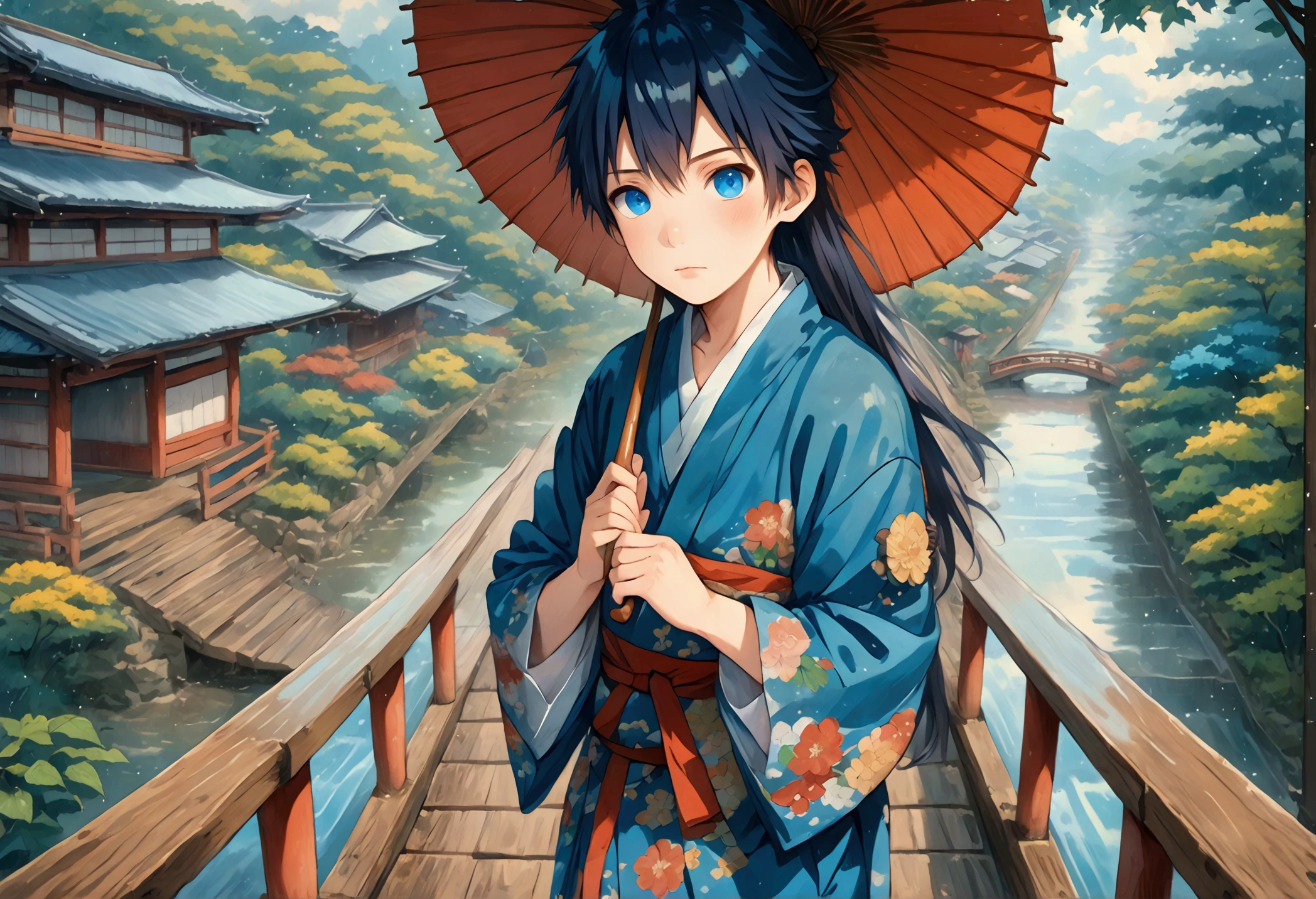 Long hair bright blue eyes  anime boy in blue kimono，Funny Japanese architecture standing on an ancient red Japanese wooden bridge holding a wooden umbrella against the camera on a rainy day