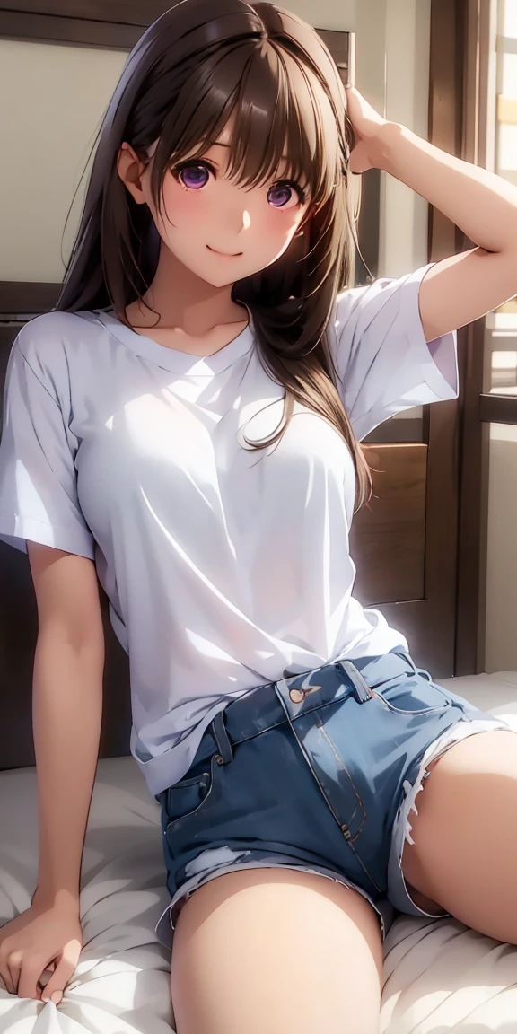 create an anime girl sitting cross-legged on a luxurious bed with blue underwear, 24 years old in a landscape of a luxurious room and with a face of love