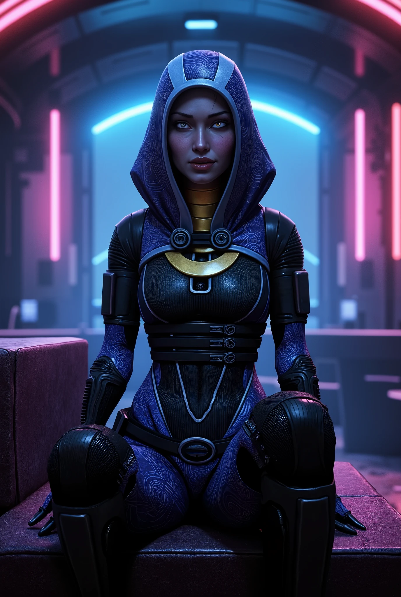 Tali'Zorah, thick thighs, sitting at an empty cyberpunk club