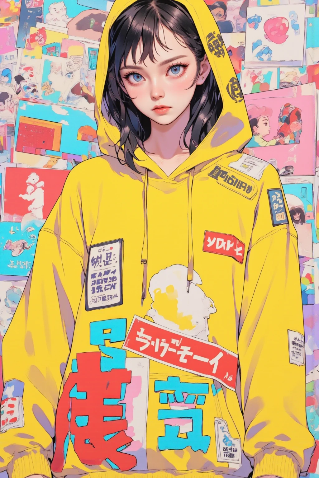 picture of a woman wearing a yellow hoodie ,  Inspired by NEVERCREW  , anime, 2D illustrationレーション, 2D illustration, production animeーションセル,  Full Page Illustration , 80年代animeの画風,  hand drawn cartoon art style,  2D Gouache Illustrations, shaded animeーションセル, animeーションセル for anime movie, animeーションセル