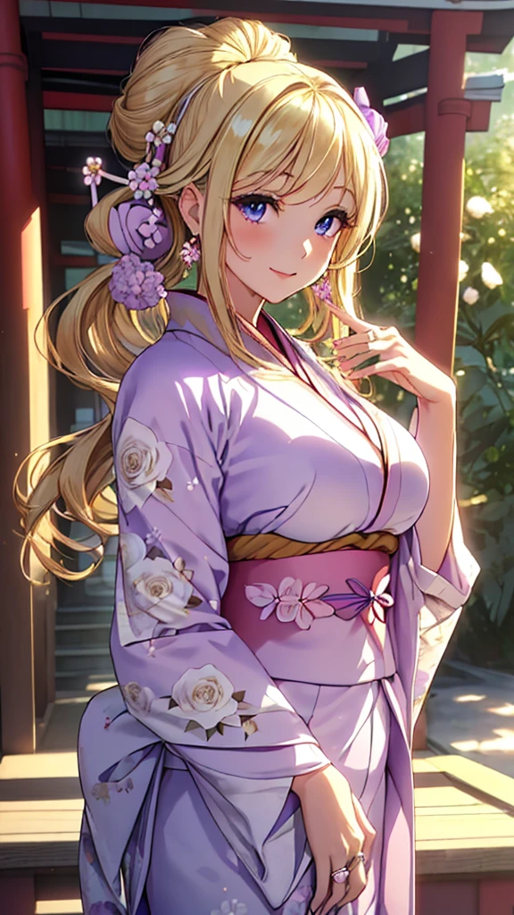 A masterpiece, ultra high definition, ultra HD quality, the most beautiful woman in history, anime, slender body, (large breasts), tall height, small face, well-balanced proportions, (shiny hair, light blonde hair:1.2), (((Updo hair:1.3))), (long bangs), (has beautiful shining eyes), (clear Blue eyes), (((shining highlights:1.3))), long eyelashes, pink lips, beautifully precise and delicate hand and finger creation, divine smile, (((Japanese kimono / pale purple colored furisode))), (((gorgeous floral kimono))), (white rose accessory:1.2), ((Hairpin)), (small earrings, ring), upper body, beautiful standing posture like a fashion model, Japanese shrine, torii gate
