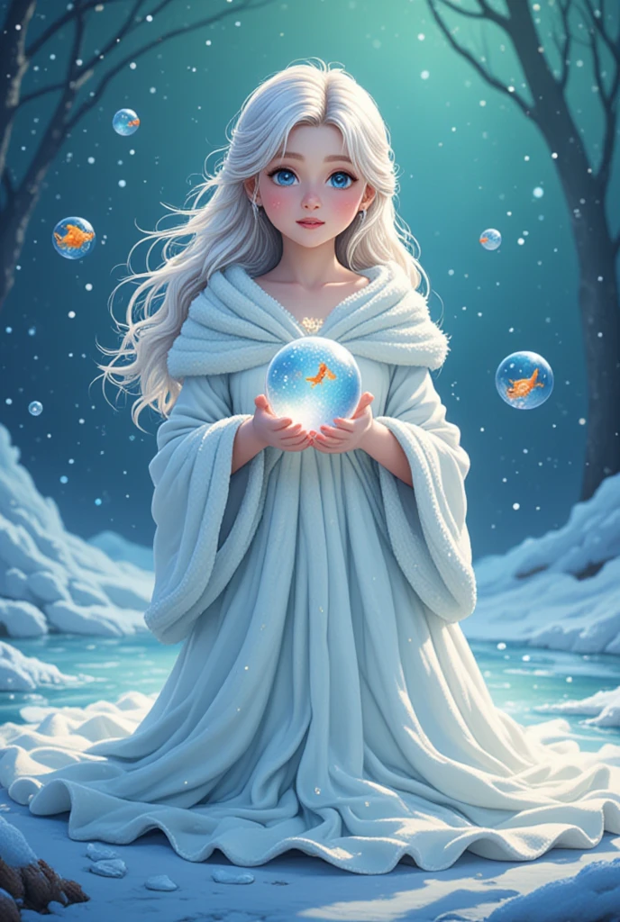  New Year's card ,  depicting the Snow Maiden .  Her imagination the row shimmers in all shades of blue and green ,  symbolizing the depth of the ocean and the limitless imagination .  The Snow Maiden stands on the edge of a magical ice pond ,  and around her are air bubbles with small glowing fish inside, with Pisces symbols .  Her eyes are filled with boundless kindness ,  and in her hands she holds a crystal ball ,  shimmering with the radiance of distant stars and worlds .