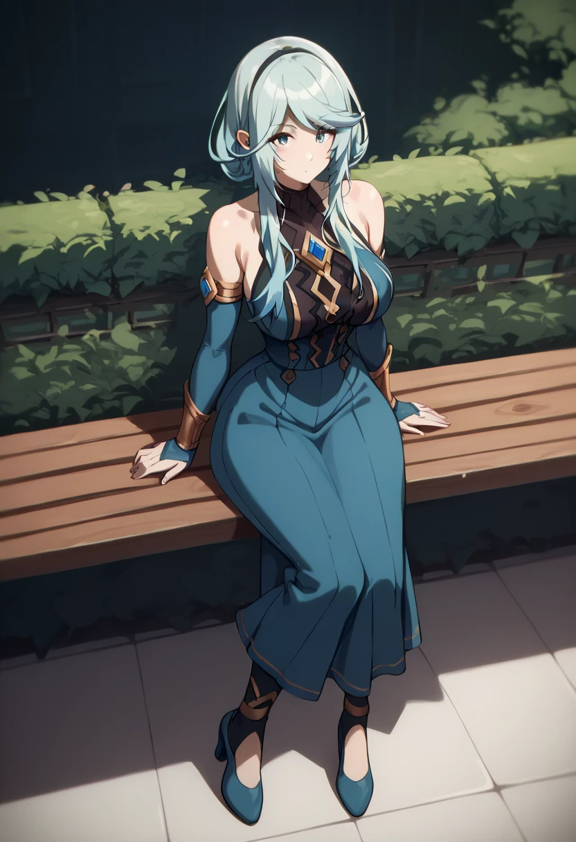 Sole female, perfect anatomy, small waist, large breast, perfect face, blue hair, eminence in shadow costume,full body covered,(covered body), sitting on a bench looking at viewers