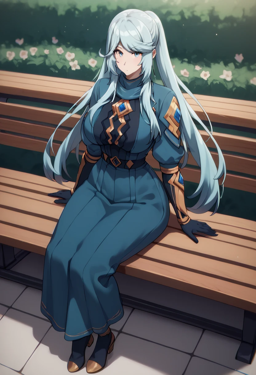 Sole female, perfect anatomy, small waist, large breast, perfect face, blue hair, eminence in shadow costume,full body covered,(covered body), sitting on a bench looking at viewers