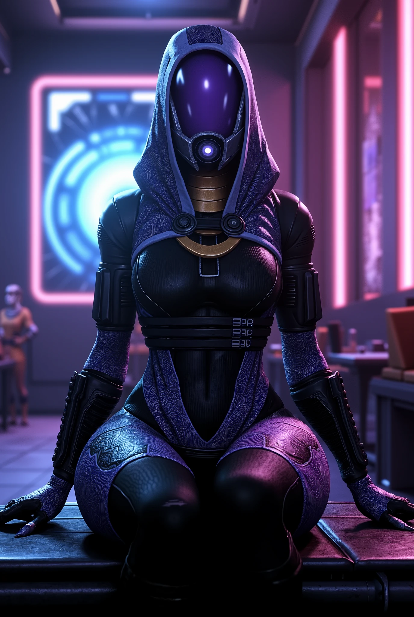 Tali'Zorah, thick thighs, sitting at an empty cyberpunk club