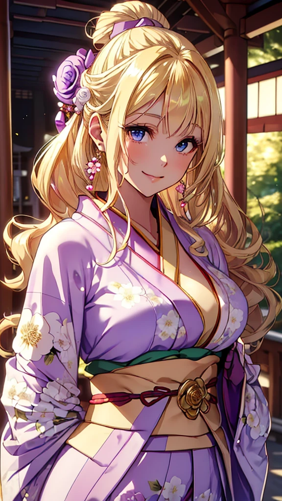 A masterpiece, ultra high definition, ultra HD quality, the most beautiful woman in history, anime, slender body, (large breasts), tall height, small face, well-balanced proportions, (shiny hair, light blonde hair:1.2), (((Updo hair:1.3))), (long bangs), (has beautiful shining eyes), (clear Blue eyes), (((shining highlights:1.3))), long eyelashes, pink lips, beautifully precise and delicate hand and finger creation, divine smile, (((Japanese kimono / pale purple colored furisode))), (((gorgeous floral kimono))), (white rose accessory:1.2), ((Hairpin)), (small earrings, ring), upper body, beautiful standing posture like a fashion model, Japanese shrine, torii gate
