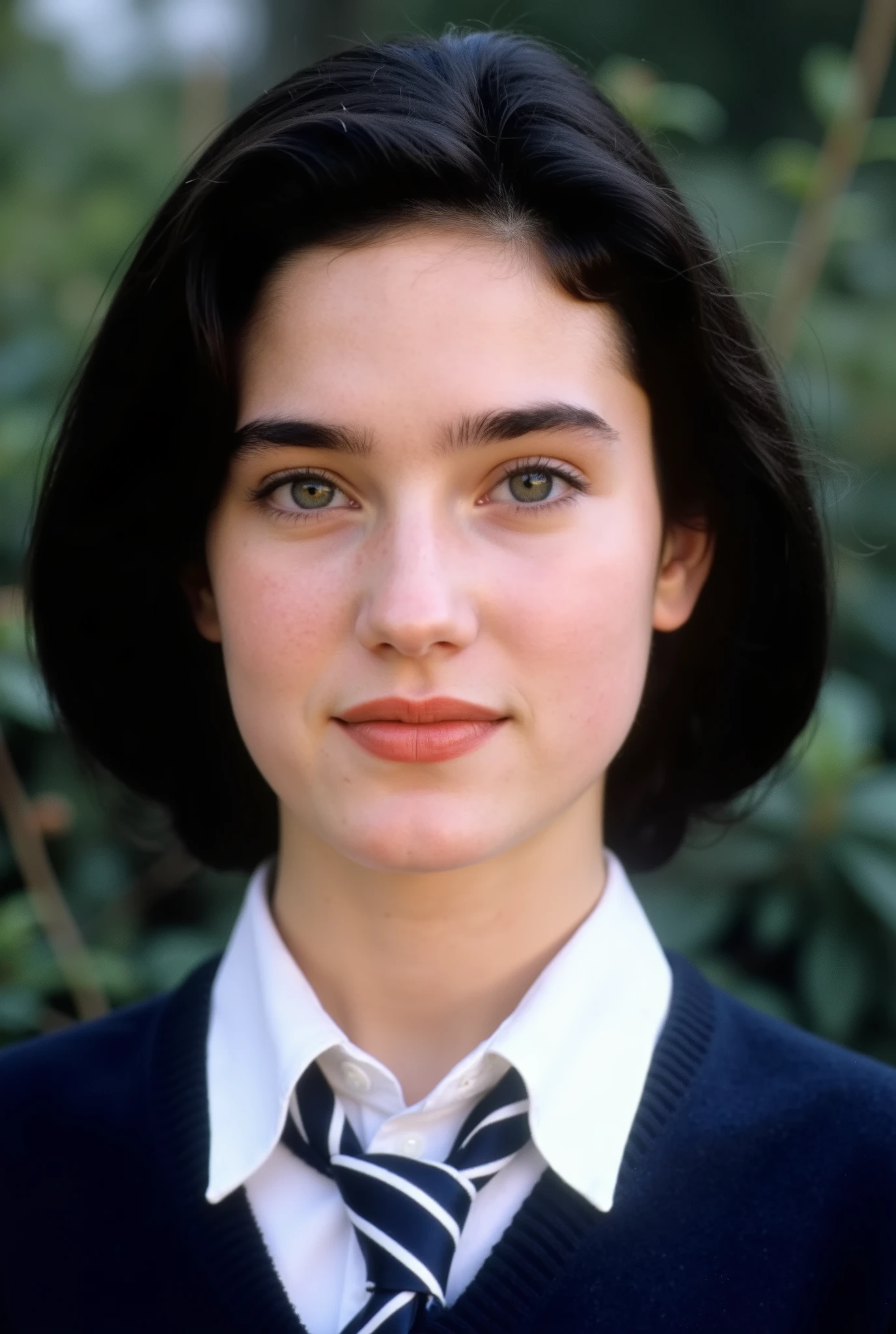 upper body photo, She is facing the viewer directly from the front straight-on., The frame covers just the top of her head down to her décolletage., She is a beautiful girl., Jennifer Connelly, ((-yeld)),ump cheeks, smiling, she has a smooth pale skin., the whiteness of her smooth skin is accentuated., Her lustrous black hair is cut in a short cut, both her ears is exposed., Her eyes are glossy dark green., She is smiling tenderly., in a dark blue school uniform and white shirt with a stripe tie.,soft natural light illuminating on her face., high definition, accurate, High Definition Model, high quality, retina, Textured Skin, Ultra Fine, very detailed, quality, High detail, detail, 最high quality, masterpiece,