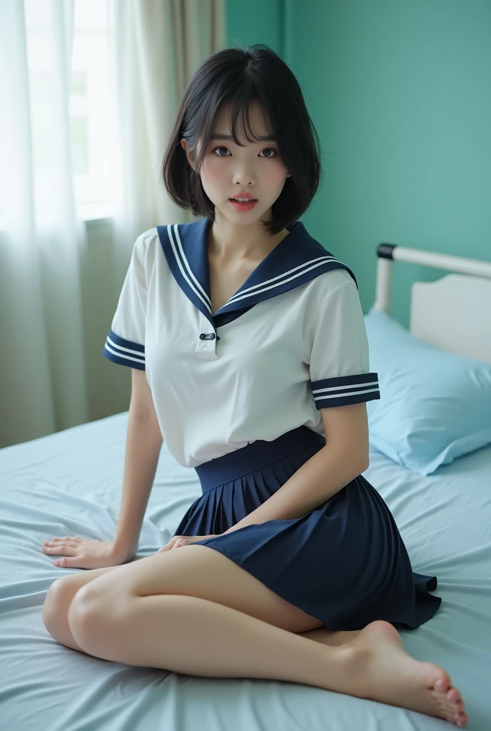 (masterpiece, 高いest quality:1.2), 8k, Official Art, RAW Photos, Unbelievably absurd, (Sleeveless sailor suit、Pleated skirt:1.4), A stunningly beautiful 16-year-old girl,((Put your hands on your head、Armpits are visible))、驚くほどかわいいsmile,(((The front of the shirt is open、Beautiful breasts are visible)))、smile、 (Pleated skirt:1.1), close, , Short sleeve, smileで聴衆を見てください, No makeup, Film Grain, chromatic aberration, Sharp focus, Face Light, Dynamic Lighting, Cinema Lighting, Detailed eyes and face,short hair、(((White skin)))、Bright bedroom、super slim t高いs、((Her cute light blue panties are visible through、Beautiful crotch))、((((both hands)))),((((Very young looking girl:1.3))))、(Very young and busty:1.2)