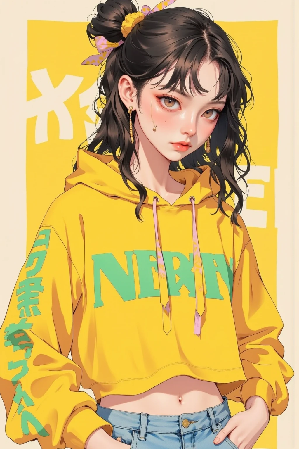 picture of a woman wearing a yellow hoodie ,  Inspired by NEVERCREW  , anime, 2D illustrationレーション, 2D illustration, production  animation cell,  Full Page Illustration , 80s anime style ,  hand drawn cartoon art style,  2D Gouache Illustrations, shaded  animation cell,  animation cell for anime movie,  animation cell