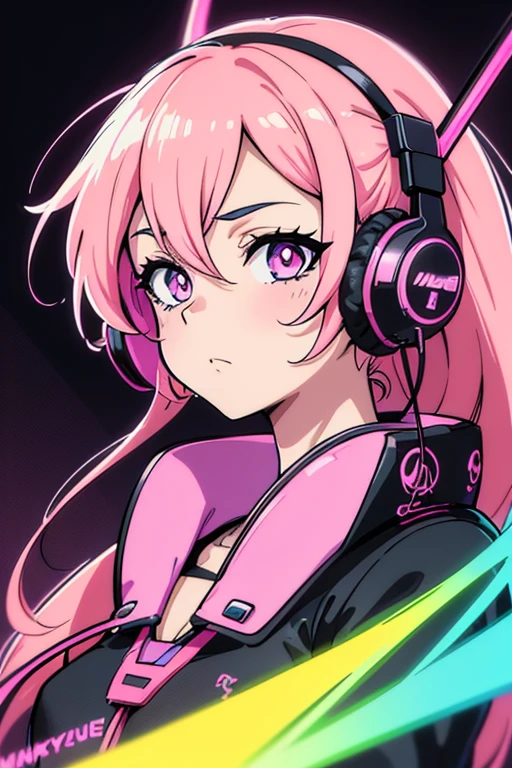 High resolution, ponytail, chest, Close your mouth, Pink eyes, smiling, earphone, anime,