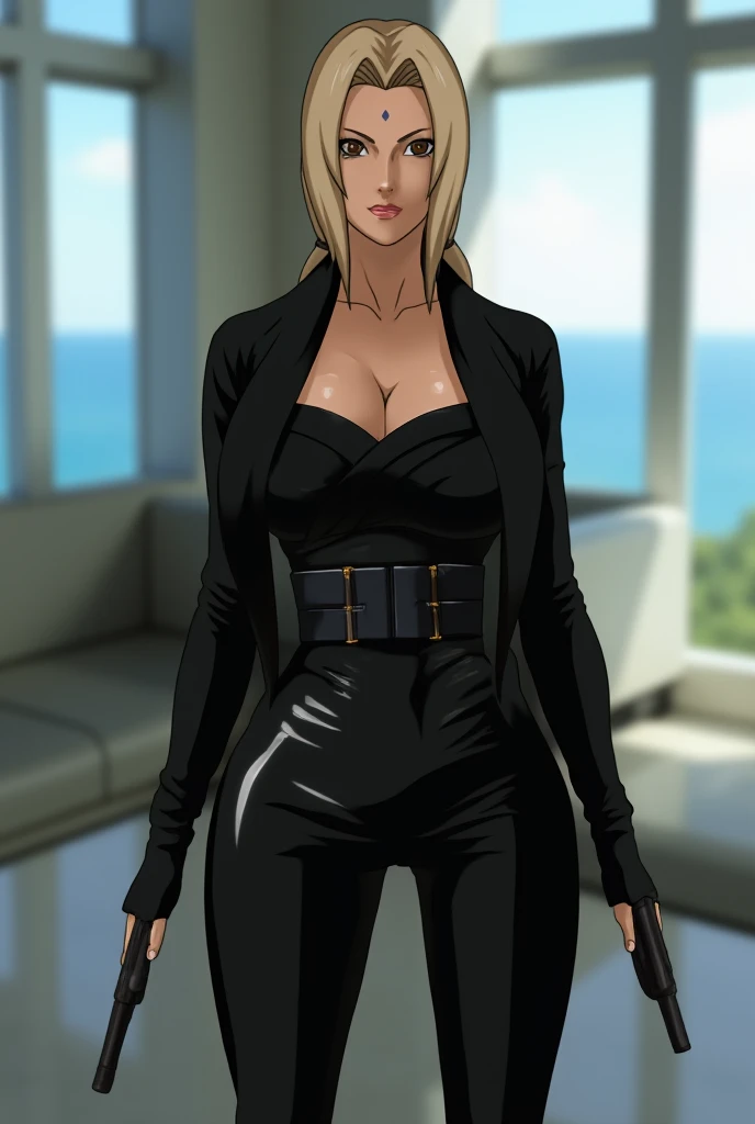 Her whole body . Kim Kardashian with short straight blonde hair like a ponytail in a tight jacket black latex shirt and black buttons and collar, with a large cleavage, in black latex leggings and black above the knee, and a wide black belt on her stomach, Kim is wearing with , black collar, in Penthouse, Miami, Meerblick,  standing Spider-Man Dead , kim pointing gun