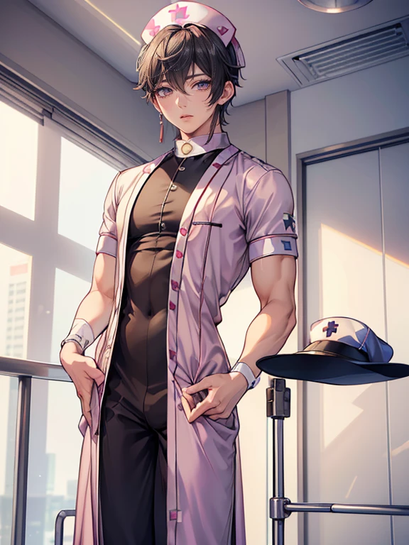 (masterpiece,best quality,ultra_detailed,highres,absurdres), (detailed shadow), (quality light),1 (mature ikemen yaoi idol male:1.9), (slanty_eyes), 30-ish, (muscleale focus), (solo:1.4), short black Quiff hair with Soft Fringe (bangs part on side 3:7 ratio), blue eyes (detailed eyes), androgynous young beautiful pretty cute elegant nurse boy in tight modern luxury (nurse uniform,:1.9) (hat:1.3) is (standing inside hospital:1.4), (eyelashes), (bulge), (wide_flat_pectorals:0.6), (wide_shoulders), (slim_narrow_waist:0.6), (thick_thighs:0.6), (wide_hips:0.6), arched_back, short hair, looking at viewer, parted lips, ((PERFECT_FACE)), ((finely_detailed_beautiful_eyes_and_detailed_face)), (best_illumination, best_shadow, an_extremely_delicate_and_beautiful)