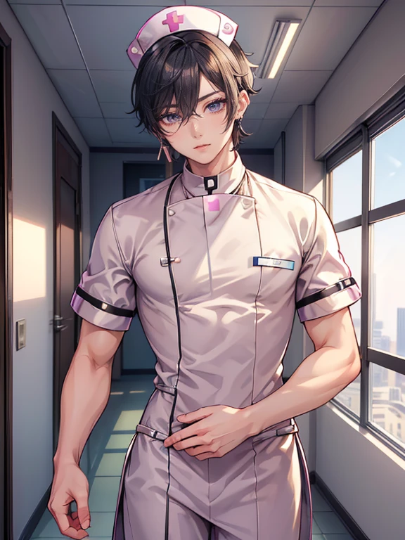 (masterpiece,best quality,ultra_detailed,highres,absurdres), (detailed shadow), (quality light),1 (mature ikemen yaoi idol male:1.9), (slanty_eyes), 30-ish, (muscleale focus), (solo:1.4), short black Quiff hair with Soft Fringe (bangs part on side 3:7 ratio), blue eyes (detailed eyes), androgynous young beautiful pretty cute elegant nurse boy in tight modern luxury (nurse uniform,:1.9) (hat:1.3) is (standing inside hospital:1.4), (eyelashes), (bulge), (wide_flat_pectorals:0.6), (wide_shoulders), (slim_narrow_waist:0.6), (thick_thighs:0.6), (wide_hips:0.6), arched_back, short hair, looking at viewer, parted lips, ((PERFECT_FACE)), ((finely_detailed_beautiful_eyes_and_detailed_face)), (best_illumination, best_shadow, an_extremely_delicate_and_beautiful)