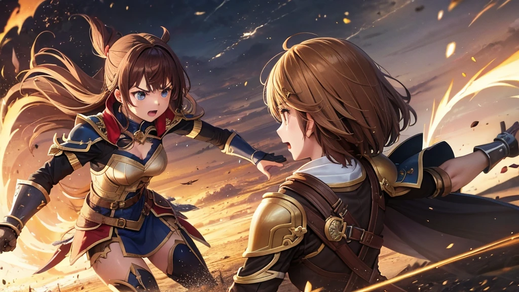 2girls, warriors, war, ((brown hair)), ponytail, large breasts, ((very detailed golden armor)), armor motif, cleavage 1:3, green eyes, long skirt, silver boots, sword, grin, fire, warzone, medieval, looking at the viewer, standing, hair ribbon, wind