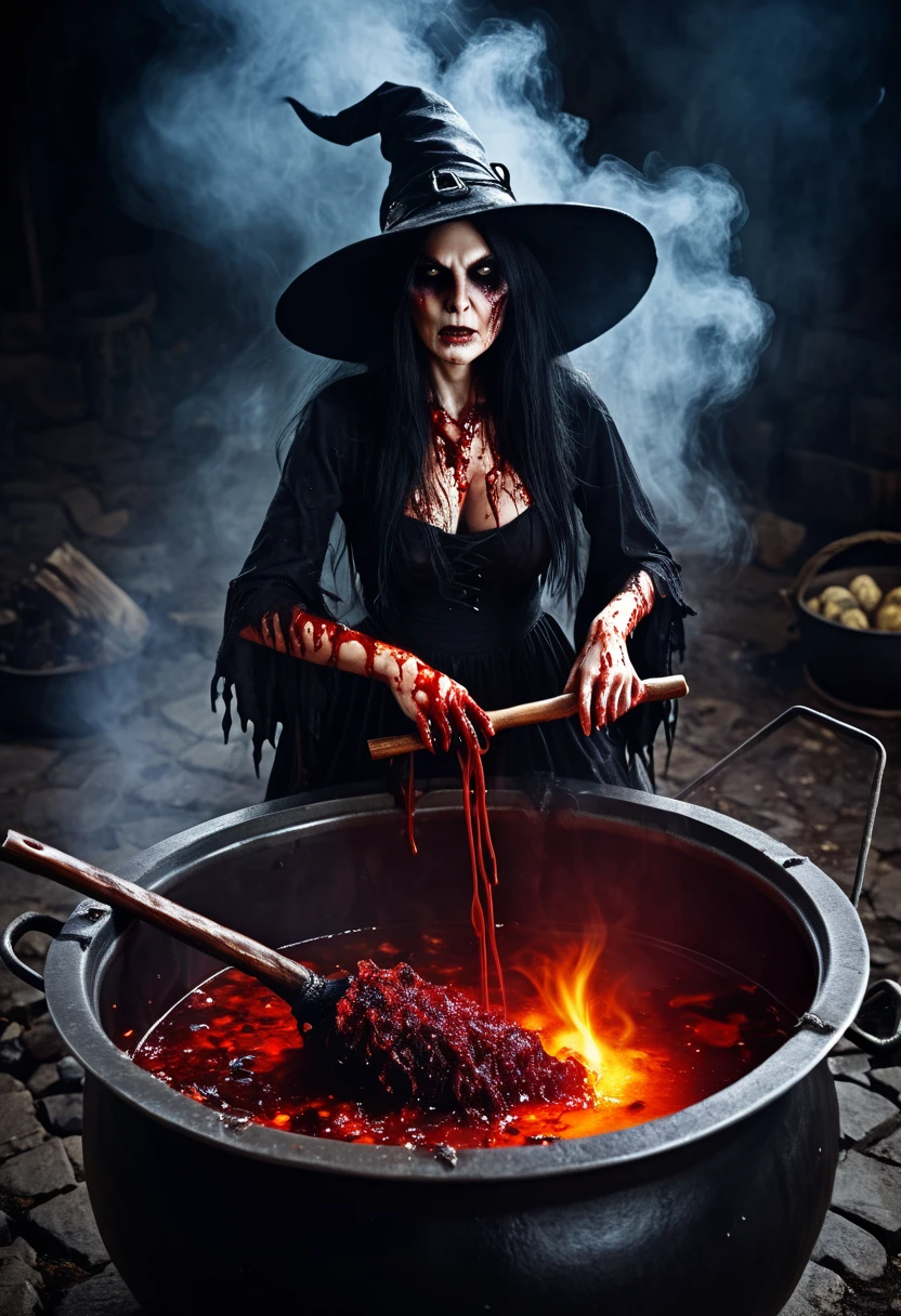 Undead witch is boiled in a huge cauldron, blood, horror
