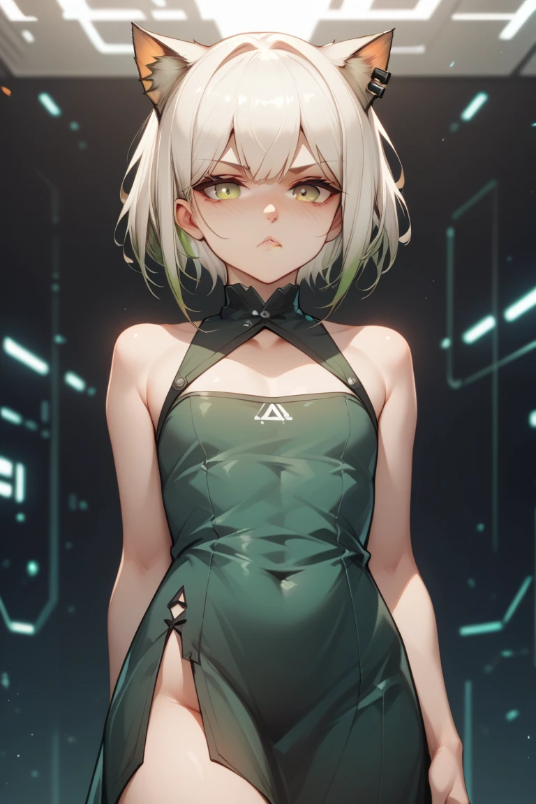 Kal'tsit, Arknights, Cute Girl, Small boobs, flat chest girl, Green themed dress, White hair, Short Hair, Cat Ears, serious face, mature, Tsundere, Futuristic Background, wallpaper