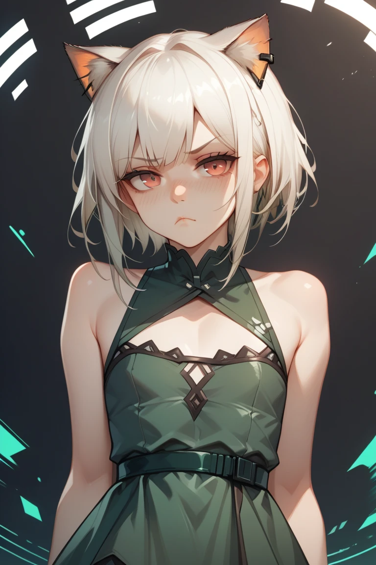 Kal'tsit, Arknights, Cute Girl, Small boobs, flat chest girl, Green themed dress, White hair, Short Hair, Cat Ears, serious face, mature, Tsundere, Futuristic Background, wallpaper