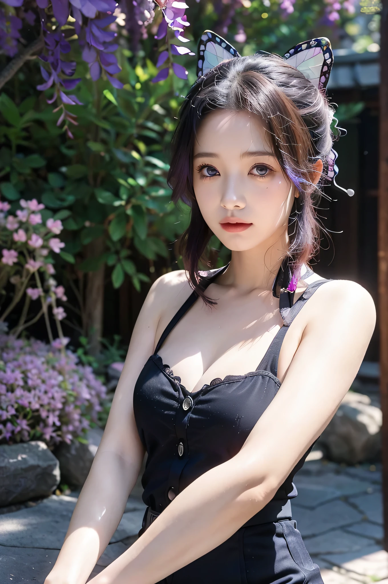 sexy Thai model who controls poison、beautiful smile、lipgloss、long lashes、intense makeup、look at the camera、full body Esbian、、sparkling poisoned flower costume、、、、shiny sparkling multicolor hair、secrete poison、skull hair accessories、sexy tights、shiny sparkling dark magic forest background