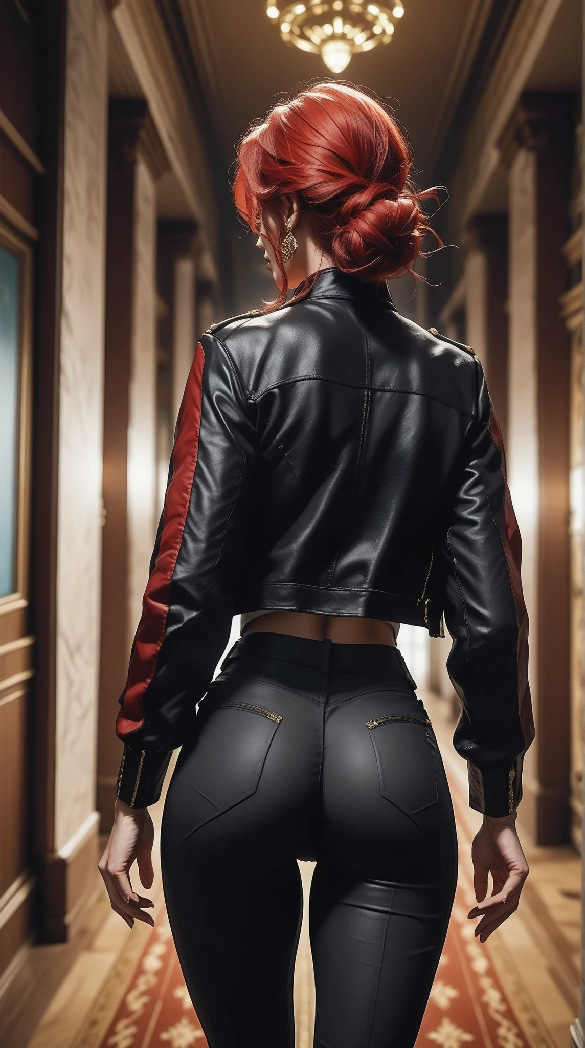 Score_9, score_8_up, score_7_up, source_real, photorealistic, rating_safe;; 1woman, J3sse, facing away, rear angle, floating in a dash, from behind;; crimson red hair, (fitted and 1/4 cropped black jacket), tight grey t-shirt, (tight black pants), boots, holding jet-black pistol in ready position;; art deco interior architecture, (indoors labyrinthine hotel corridors:1.42), red (indoors endlessly shifting art deco hotel hall), (hallway extends to a point of infinity:1.37), red and gold motifs, vintage dark wood hotel furniture 