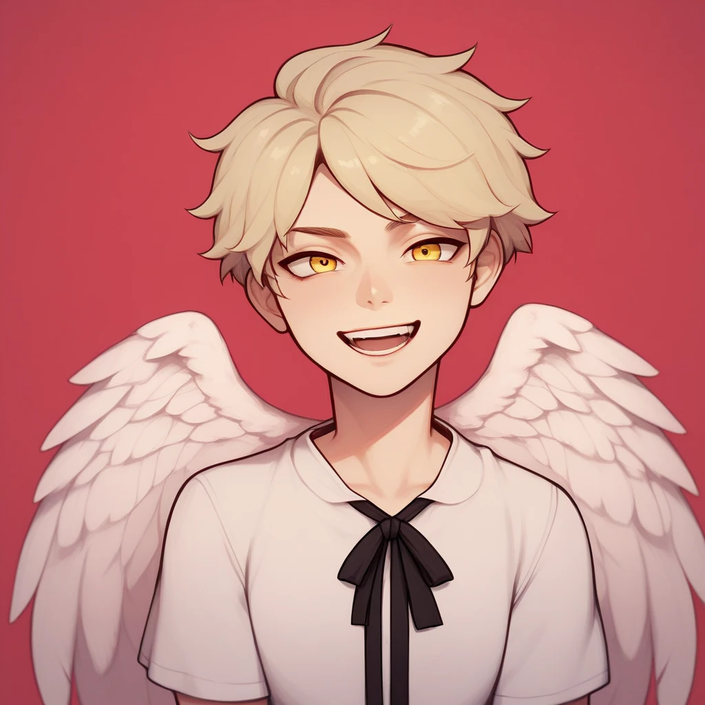  man with short hair ,  pale blonde wavy hair with tips ,  yellow eyes,  wearing a white tunic with black ribbons ,  fighting clothes and black bracelets ,  he has angel wings stained with blood and they fall Feathers everywhere,  he is laughing sadistically ,  giving an evil laugh with a really malevolent smile ,  deep eyes and a look of dark death , watching the spectator laughing madly ,  looks at the spectator with a murderous smile and is evil, red background. 