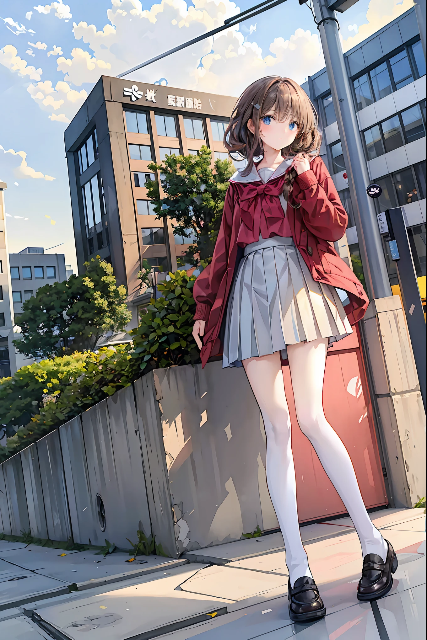 Winter clothes、Red coat、Bare legs、 ( top quality ,Masterpiece:1.3, Ultra-fine ),( very detailed, caustics ,8k),( realistic :1.4,RAW shooting),18 years old, Japanese , cute, カメラを見て笑faceで ,( face :1.2),( low angle:1.4), slender beauty , messy hair,Cityscape, brown hair, Shortcut , tousled hair , short braided hair,Neat, Slender and beautiful woman,Correct posture, small breasts, Beautiful Legs, Her enchanting gray-blue eyes shine like stars,Droopy eyes, bright color, beautiful eyes,繊細な笑face, Textured Skin, Boasting the highest quality , A Parody of a Gentle and Beautiful Woman , anime style 、
