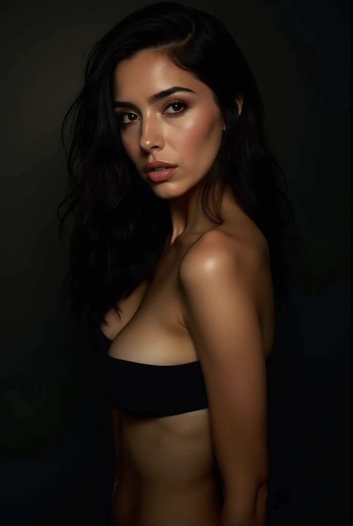 Caucasian female, black long hair to the waist, no clothes ,vogue style, whole body, glad, creative archetype